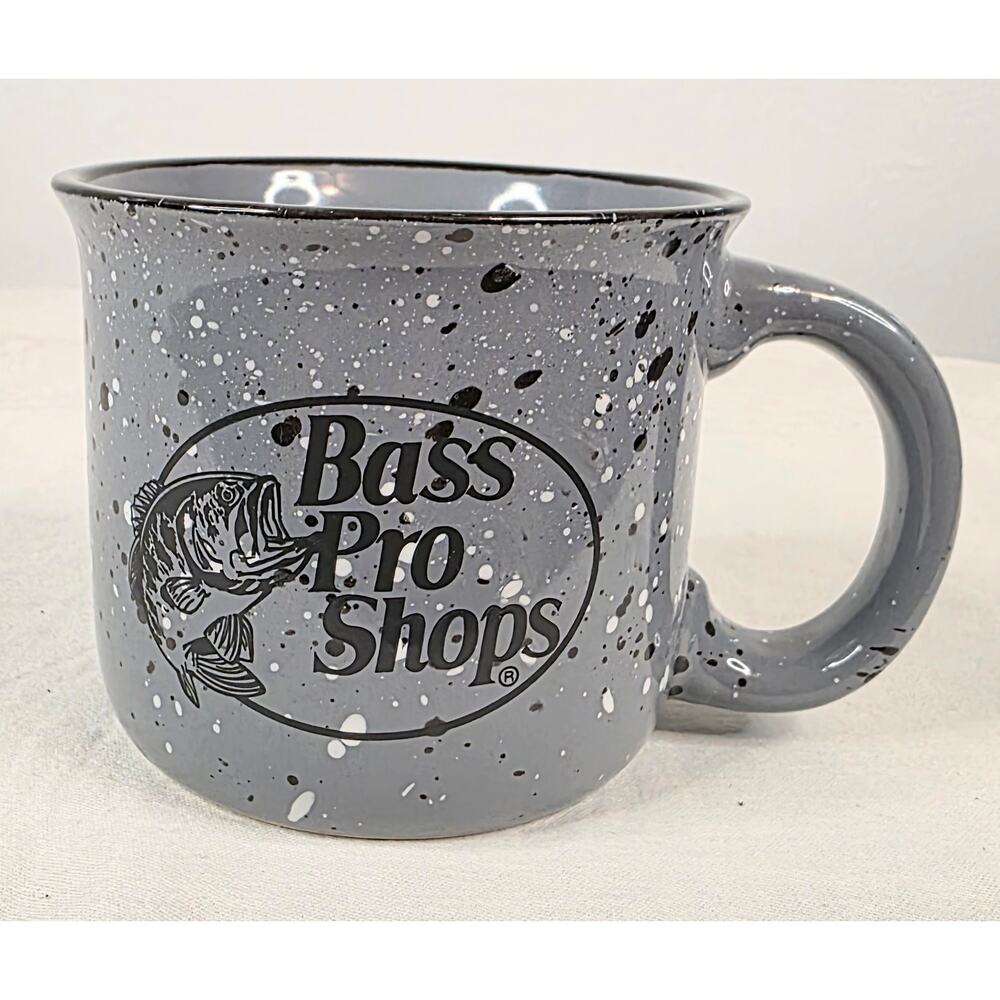 Bass Pro Shops 16 oz Ceramic Coffee Mug Gray w/White Graphics Speckled Novelty
